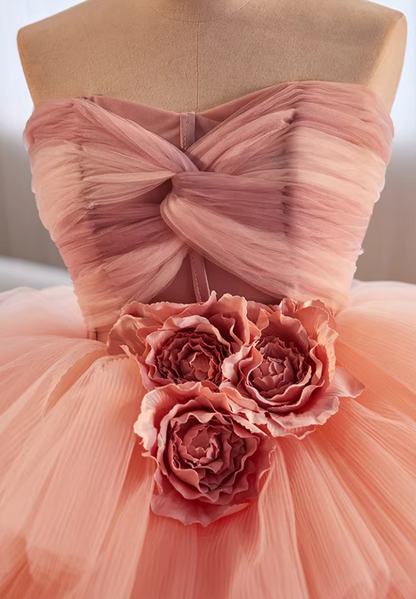 Fancy Strapless A-Line Sweet 16th Gowns Tiered Tulle Handmade Flower Prom Dress AP5649
