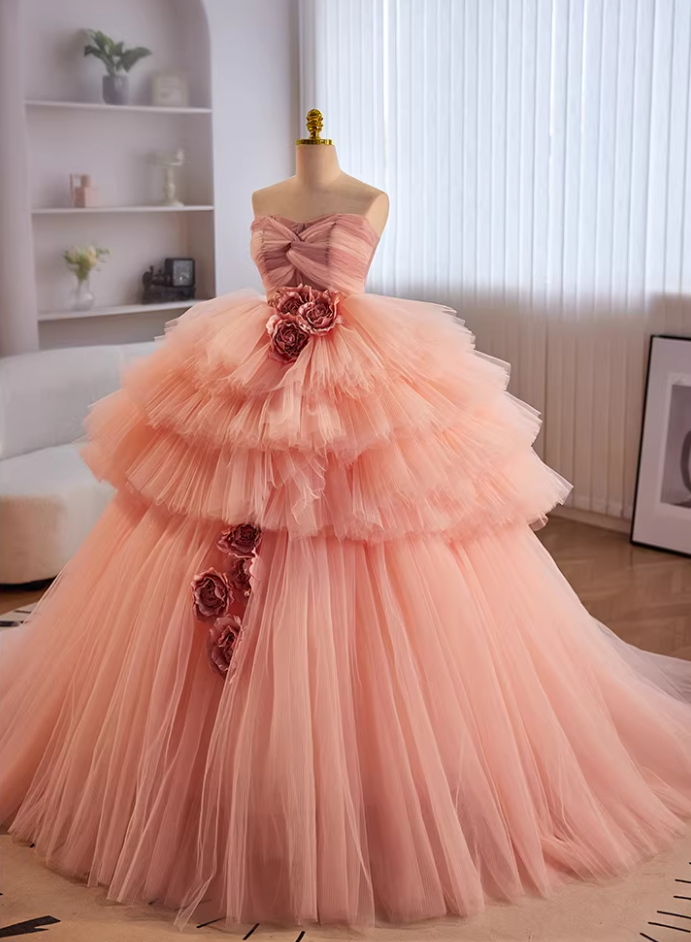 Fancy Strapless A-Line Sweet 16th Gowns Tiered Tulle Handmade Flower Prom Dress AP5649