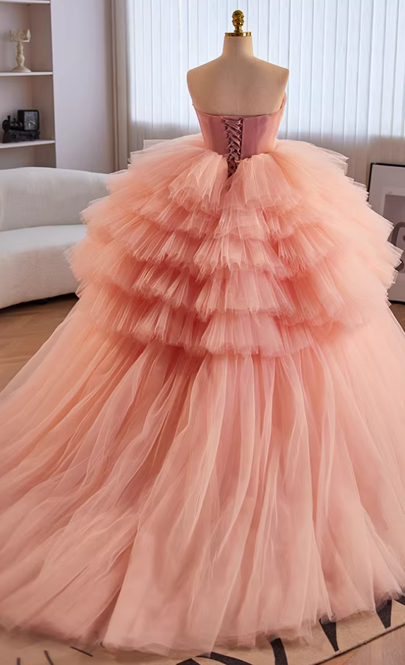 Fancy Strapless A-Line Sweet 16th Gowns Tiered Tulle Handmade Flower Prom Dress AP5649