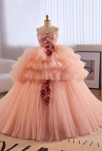 Fancy Strapless A-Line Sweet 16th Gowns Tiered Tulle Handmade Flower Prom Dress AP5649