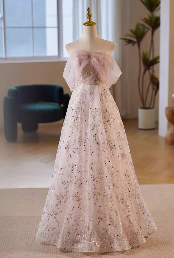 Delicate A-Line Off-Shoulder Evening Gowns Sequins Florla Prom Dress AP5650