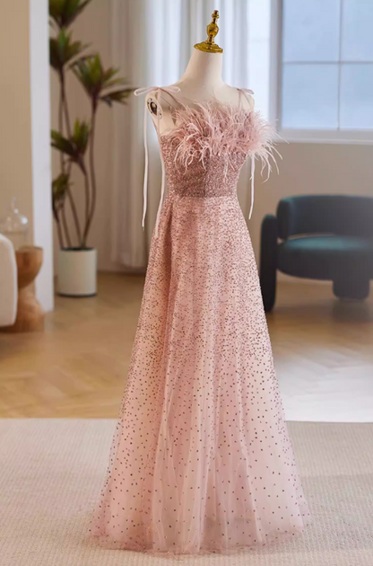 Hot Girls A-Line Spaghetti Strap Evening Gowns Sequins Feather Prom Dress AP5651