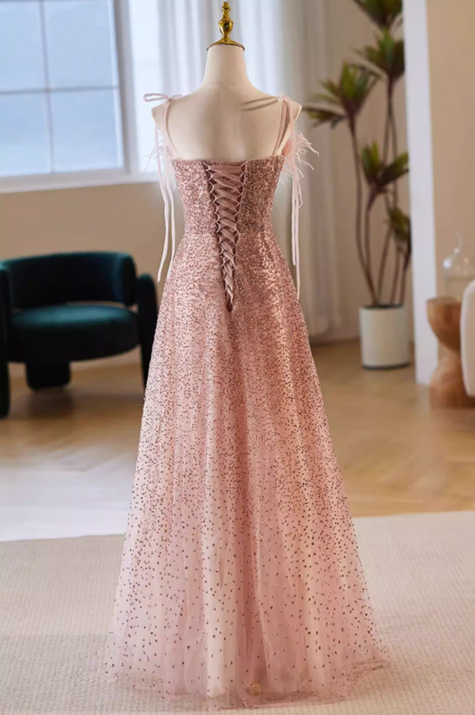 Hot Girls A-Line Spaghetti Strap Evening Gowns Sequins Feather Prom Dress AP5651