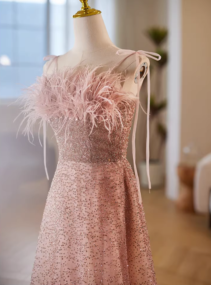 Hot Girls A-Line Spaghetti Strap Evening Gowns Sequins Feather Prom Dress AP5651