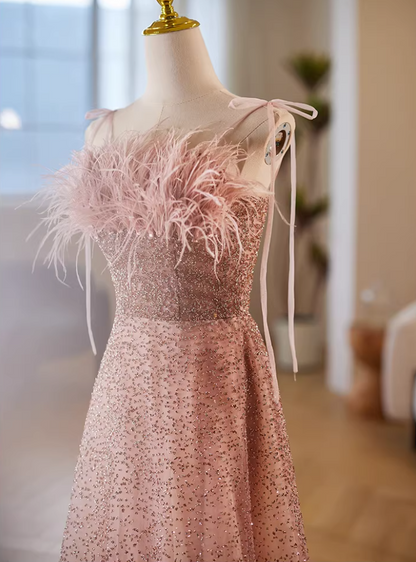 Hot Girls A-Line Spaghetti Strap Evening Gowns Sequins Feather Prom Dress AP5651
