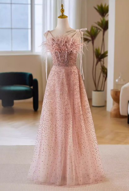 Hot Girls A-Line Spaghetti Strap Evening Gowns Sequins Feather Prom Dress AP5651