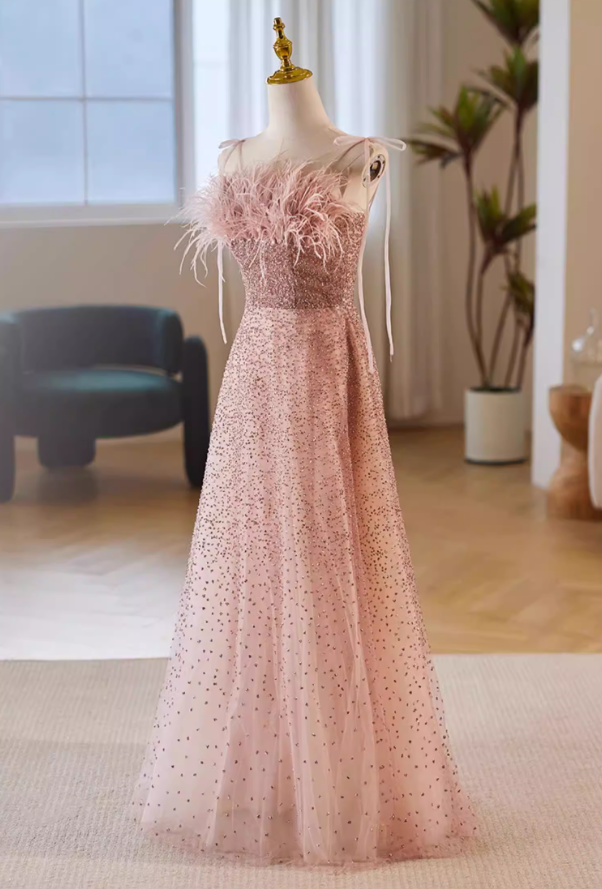 Hot Girls A-Line Spaghetti Strap Evening Gowns Sequins Feather Prom Dress AP5651