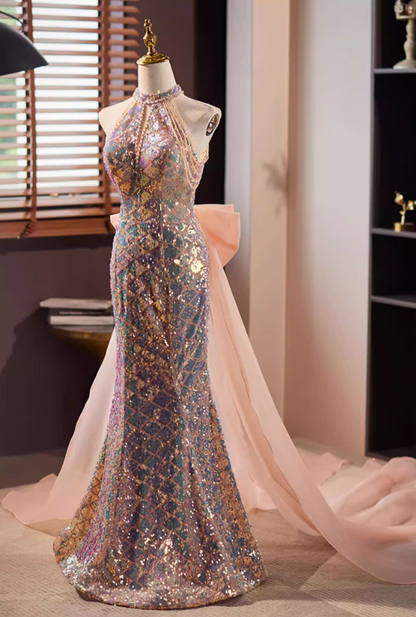 Gen Z Style Cutout Halter Neck Formal Mermaid Dresses Bow Train Beading Sequins Prom Dress AP5652