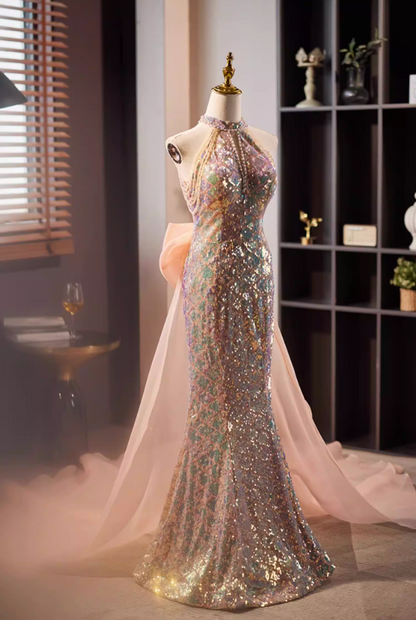 Gen Z Style Cutout Halter Neck Formal Mermaid Dresses Bow Train Beading Sequins Prom Dress AP5652