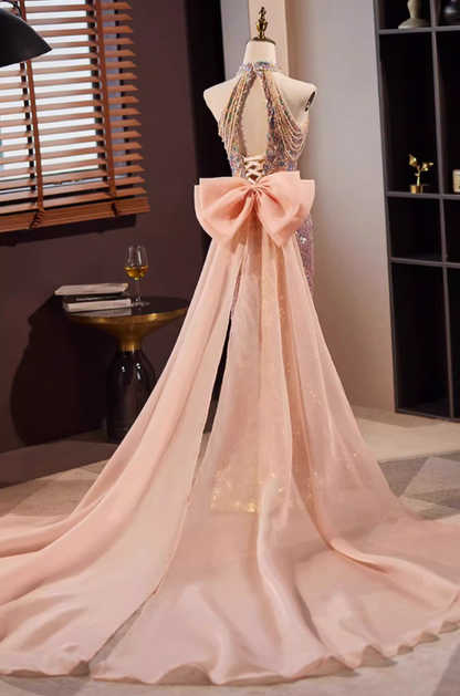Gen Z Style Cutout Halter Neck Formal Mermaid Dresses Bow Train Beading Sequins Prom Dress AP5652