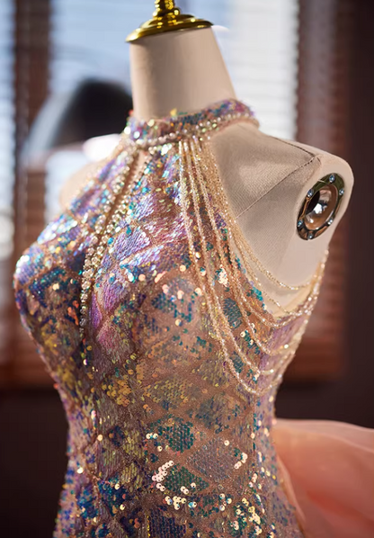Gen Z Style Cutout Halter Neck Formal Mermaid Dresses Bow Train Beading Sequins Prom Dress AP5652