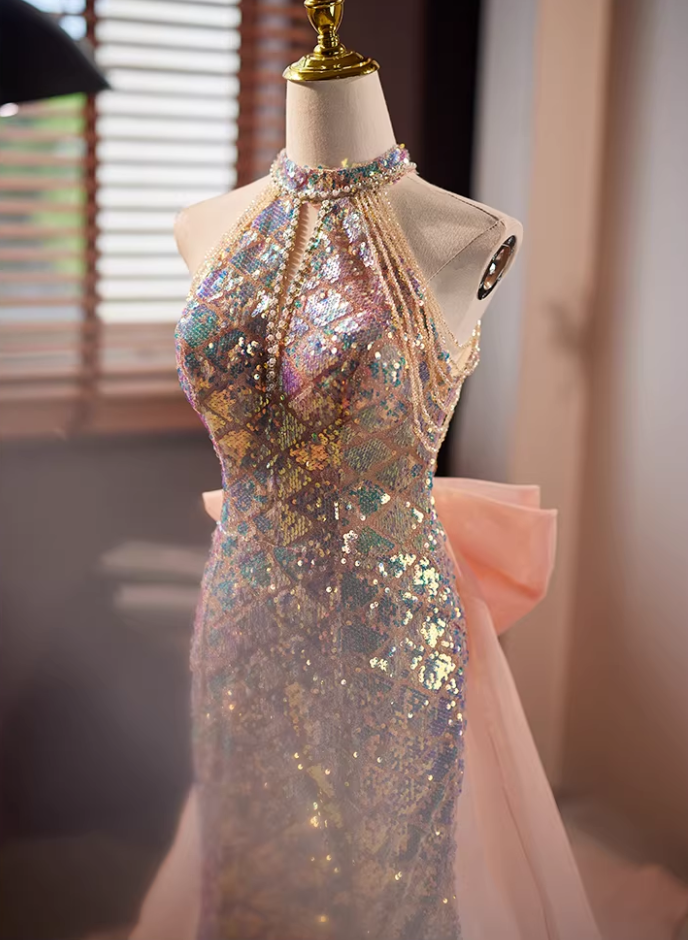 Gen Z Style Cutout Halter Neck Formal Mermaid Dresses Bow Train Beading Sequins Prom Dress AP5652