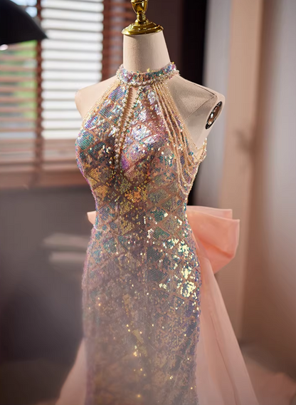 Gen Z Style Cutout Halter Neck Formal Mermaid Dresses Bow Train Beading Sequins Prom Dress AP5652