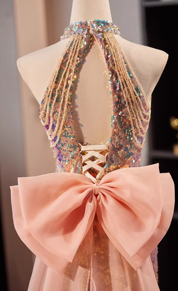 Gen Z Style Cutout Halter Neck Formal Mermaid Dresses Bow Train Beading Sequins Prom Dress AP5652
