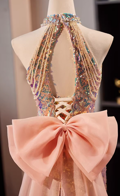Gen Z Style Cutout Halter Neck Formal Mermaid Dresses Bow Train Beading Sequins Prom Dress AP5652