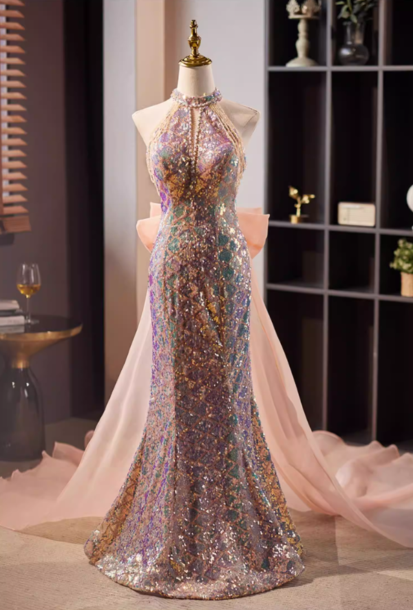 Gen Z Style Cutout Halter Neck Formal Mermaid Dresses Bow Train Beading Sequins Prom Dress AP5652