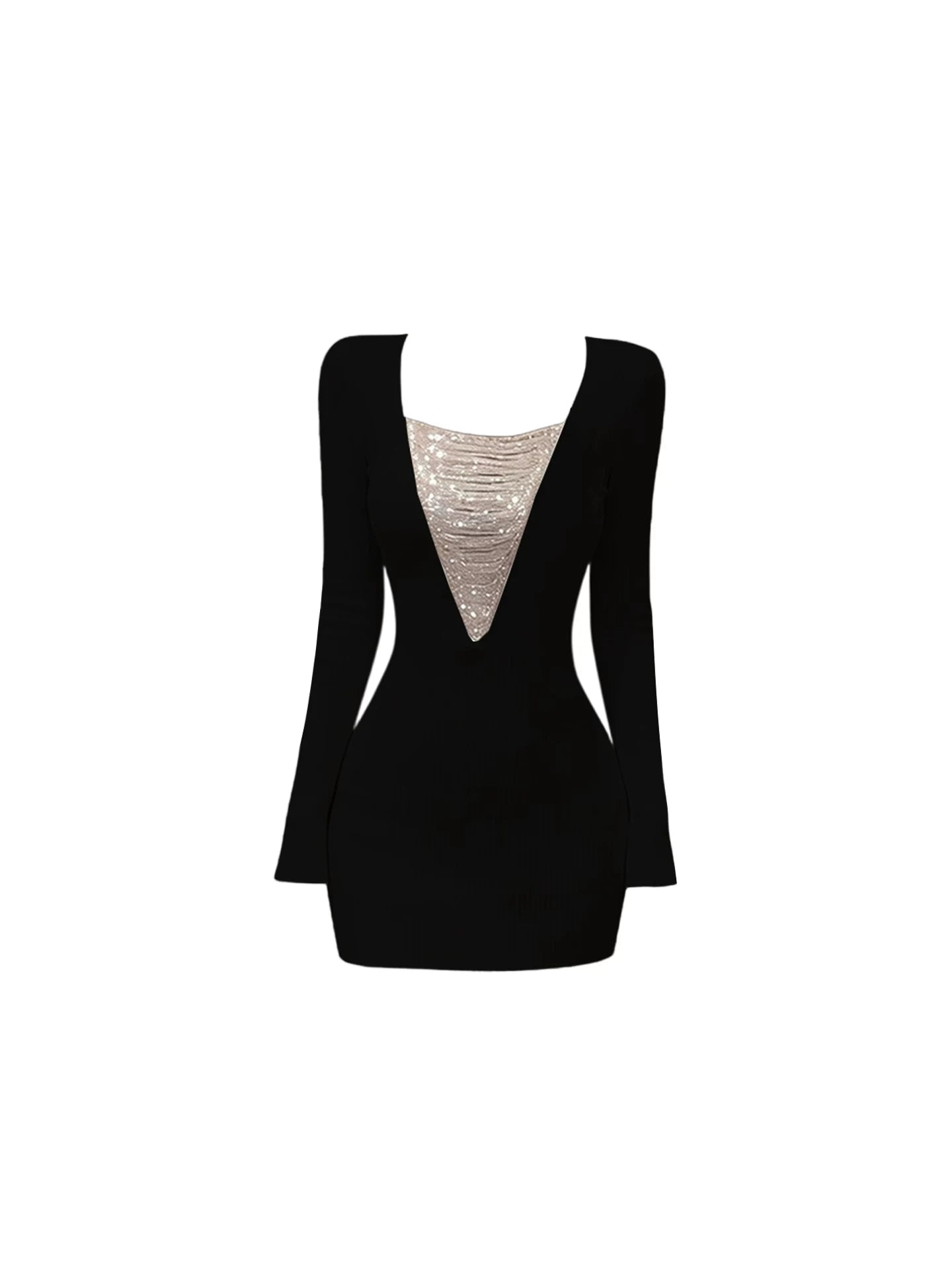 Hottie V-Shaped Silver Sequin Detail Mini Skirt Trendy Black Long-Sleeve Bodycon Short Dress AP5653