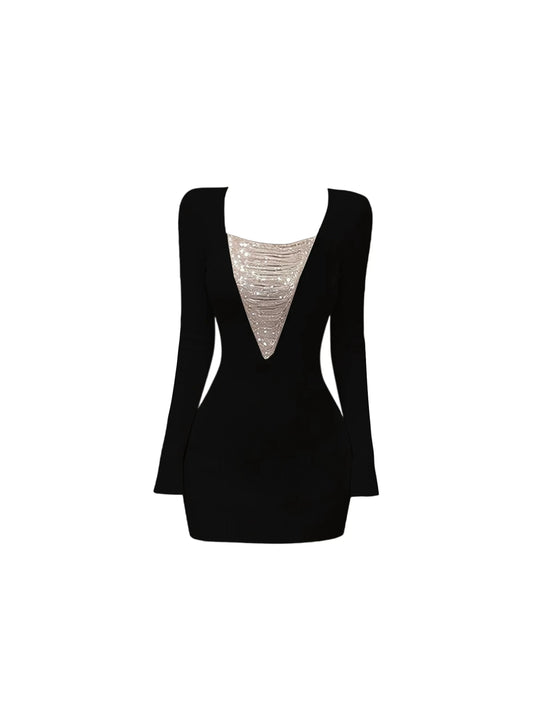 Hottie V-Shaped Silver Sequin Detail Mini Skirt Trendy Black Long-Sleeve Bodycon Short Dress AP5653