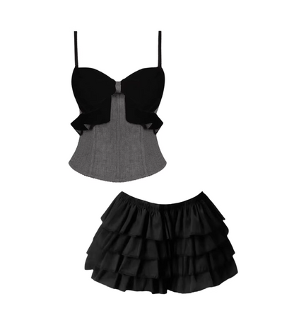 Y2K Style Black Bow-Detailed Spaghetti Strap A-Line Mini Skirt Chic Two-Piece Set Grey Corset Black Tiered Ruffle Short Dress AP5655