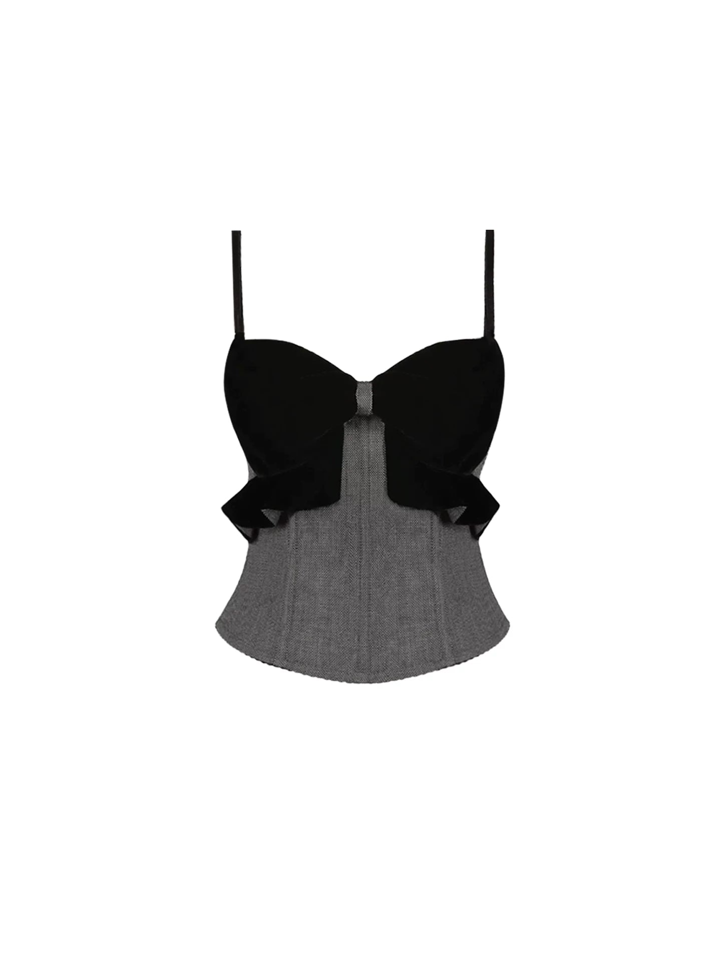 Y2K Style Black Bow-Detailed Spaghetti Strap A-Line Mini Skirt Chic Two-Piece Set Grey Corset Black Tiered Ruffle Short Dress AP5655