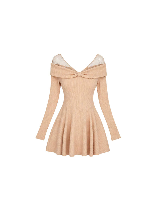 Retro Bow Mesh Trim V-Neck Long Sleeves Mini Skirt Stylish Beige Ribbed Knit Off-Shoulder A-Line Short Dress AP5656