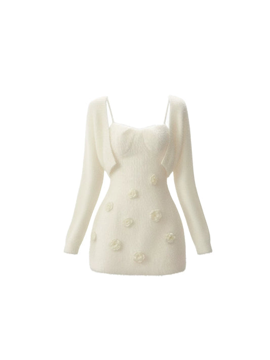 New Tendency 3D Roses Long-Sleeve Cardigan Spaghetti Strap Mini Skirt Chic White Fluffy Two-Piece Bodycon Short Dress AP5657