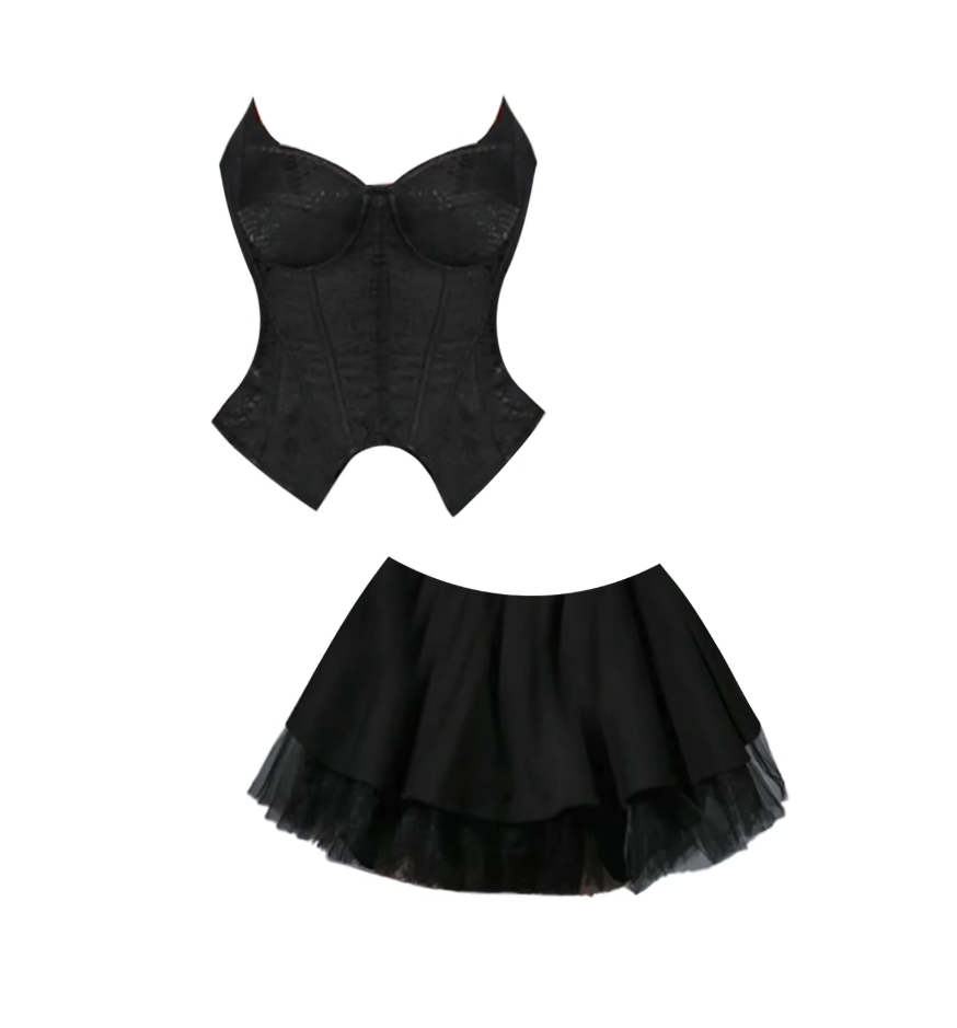 Gothic-Style Black Two-Piece Strapless A-Line Mini Skirt Chic Lace Corset Double-Layer Tulle Fluffy Short Dress AP5658