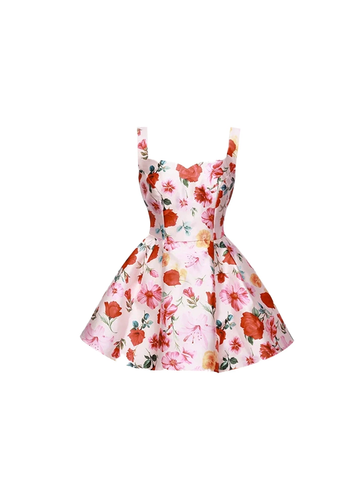 Dopamine Style Spaghetti Strap A-Line Mini Skirt Elegant Pink Floral Print Fitted Waist Short Dress AP5659