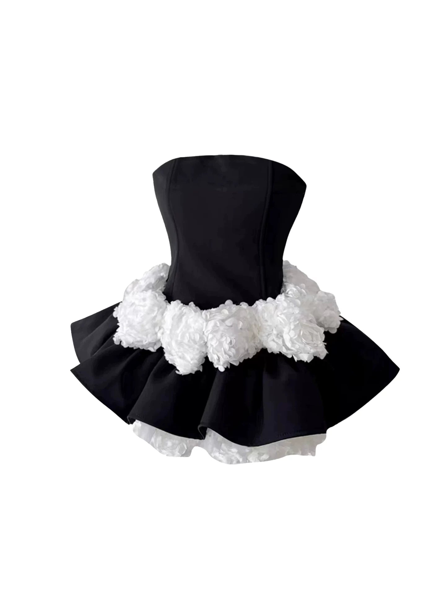 Fairy 3D White Flower Detail A-Line Mini Skirt Chic Black Strapless Fluffy Short Dress AP5660