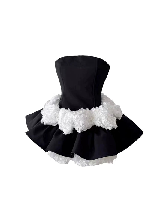 Fairy 3D White Flower Detail A-Line Mini Skirt Chic Black Strapless Fluffy Short Dress AP5660