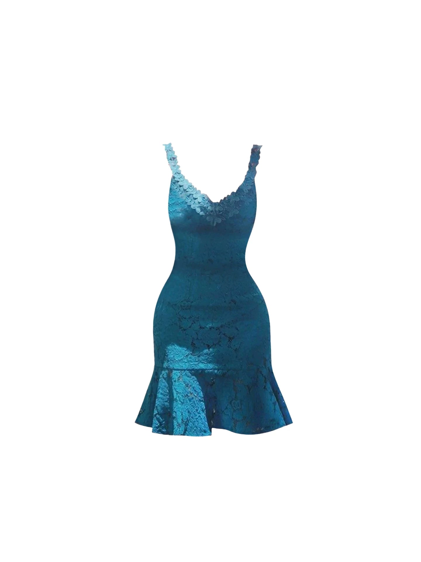 Everyday Wear Fitted Body Ruffles Hem Mini Skirt Elegant Teal Lace Spaghetti Strap Floral Trim Bodycon Short Dress AP5661