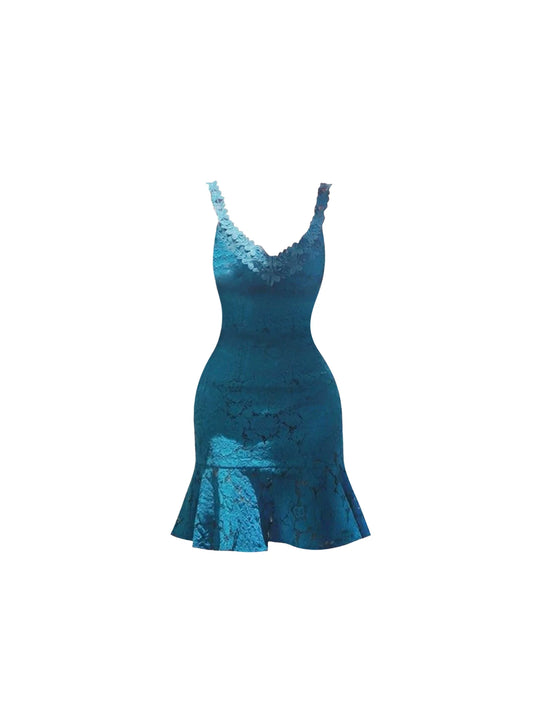 Everyday Wear Fitted Body Ruffles Hem Mini Skirt Elegant Teal Lace Spaghetti Strap Floral Trim Bodycon Short Dress AP5661