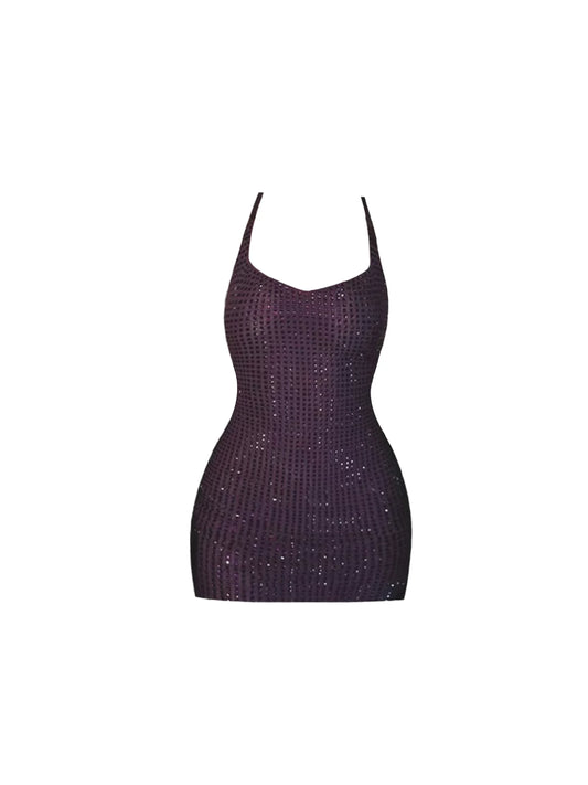 Exquisite Sequin Grid Pattern Bodycon Mini Dress Stylish Deep Purple Fitted Halter Short Dress AP5663