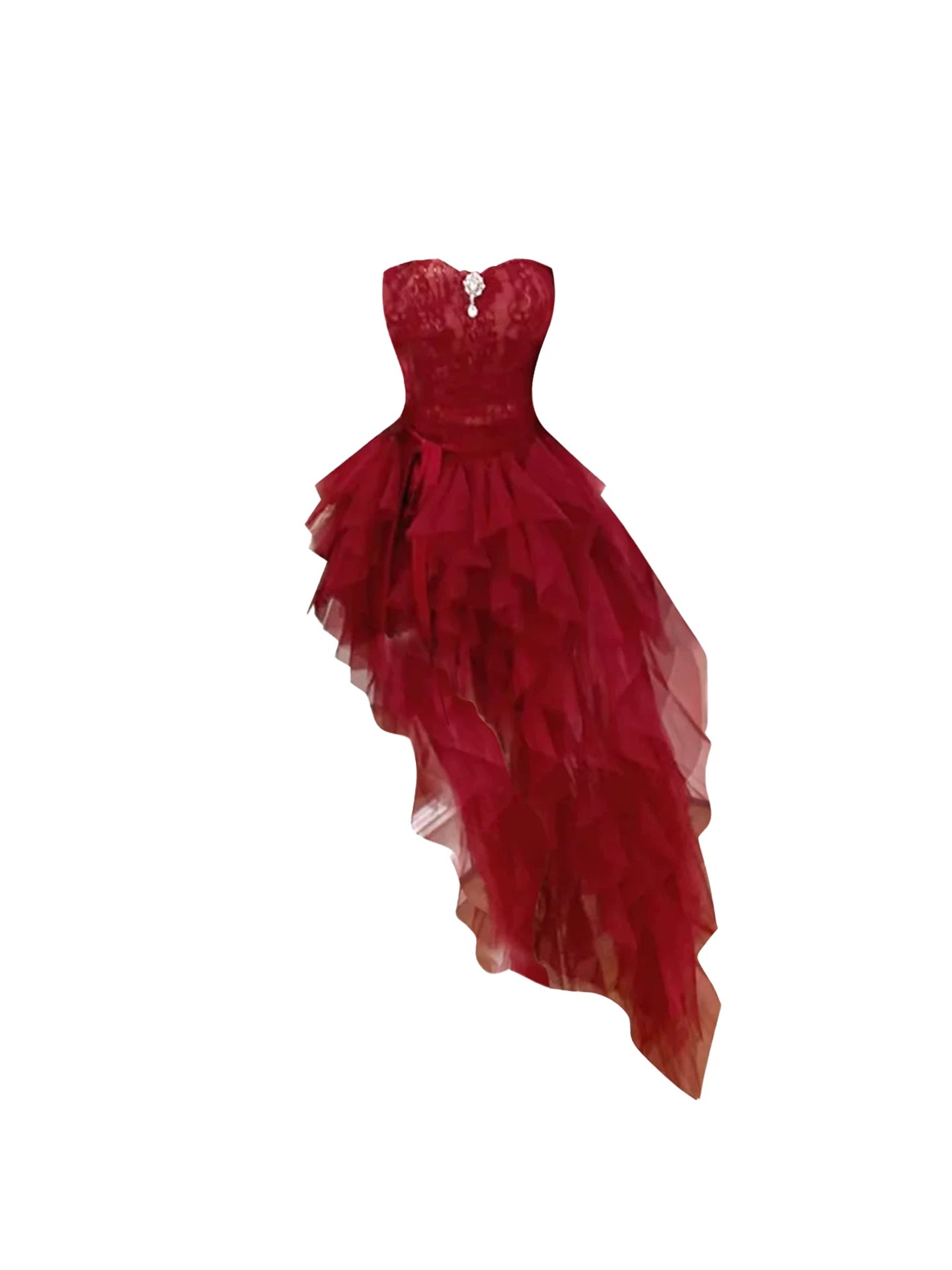 Lovely Crystal Detail Strapless Bodycon Mini Skirt Chic Burgundy High-Low Tiered Tulle Train Short Dress AP5664