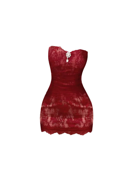 Lovely Crystal Detail Strapless Bodycon Mini Skirt Chic Burgundy High-Low Tiered Tulle Train Short Dress AP5664