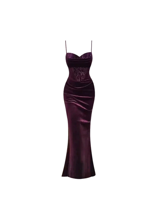 Refined Plum Velvet Spaghetti Strap Maxi Skirt Trendy Sweetheart Heart Neck Sequin Detail Mermaid Long Dress AP5665