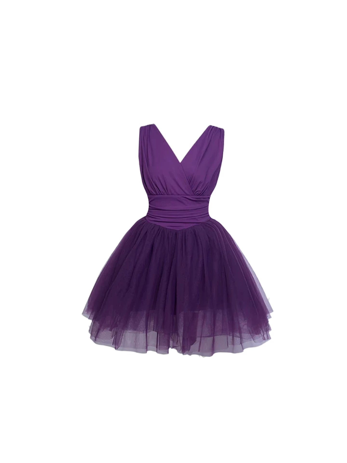 Beautiful Waist Tie Fluffy Tulle Sleeveless A-Line Mini Skirt Chic Deep Purple V-Neck Cross Bodice Short Dress AP5666