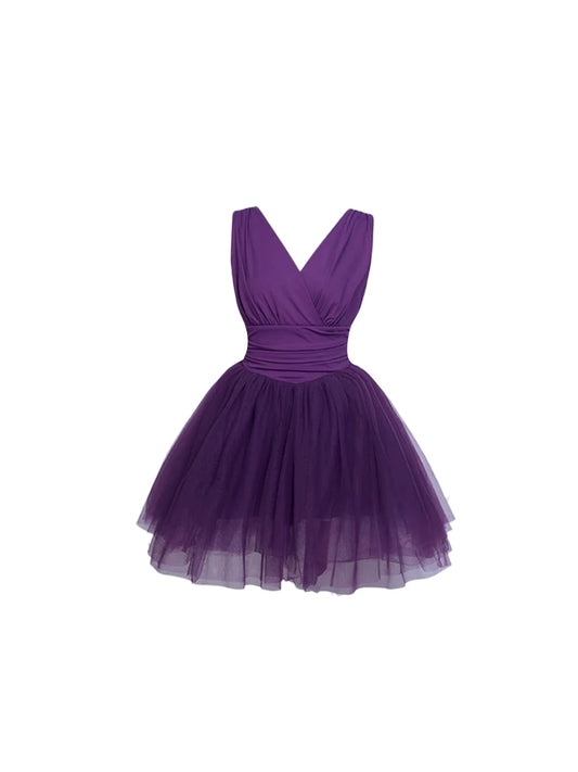 Beautiful Waist Tie Fluffy Tulle Sleeveless A-Line Mini Skirt Chic Deep Purple V-Neck Cross Bodice Short Dress AP5666