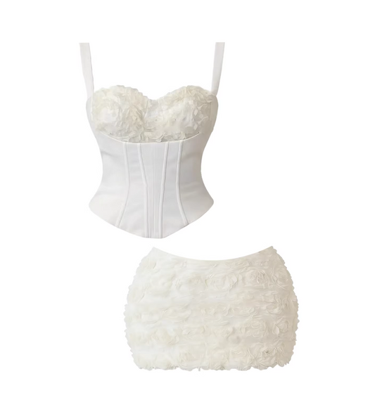 Enchanting 3D Flower Bust 2-Piece Mini Skirt Stylish White Spaghetti Strap Corset Bodycon Short Dress AP5667