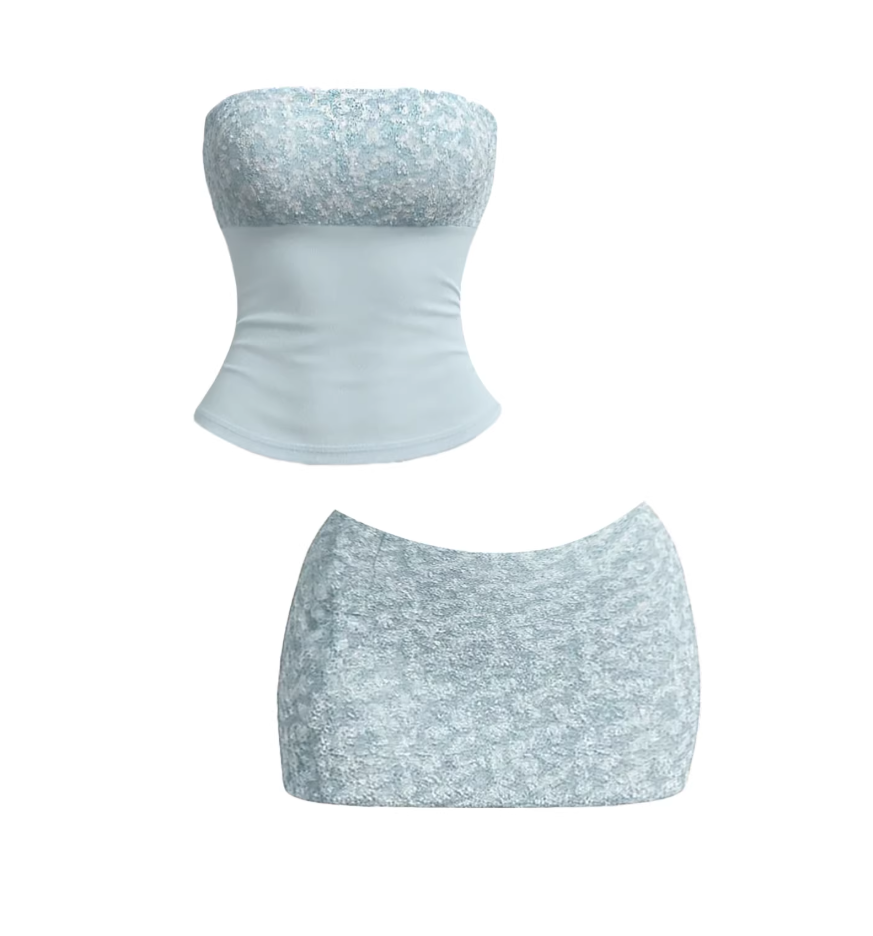Wonderful Textured Sequin Top Slim-Fit Waist Mini Skirt Trendy Light Blue Strapless Two-Piece Bodycon Short Dress AP5669