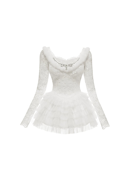 Appealing White Lace Square Neck Long Sleeves Mini Skirt Charming 2-Piece Crystal-Embellished Top Tiered Tulle A-Line Short Dress AP5671