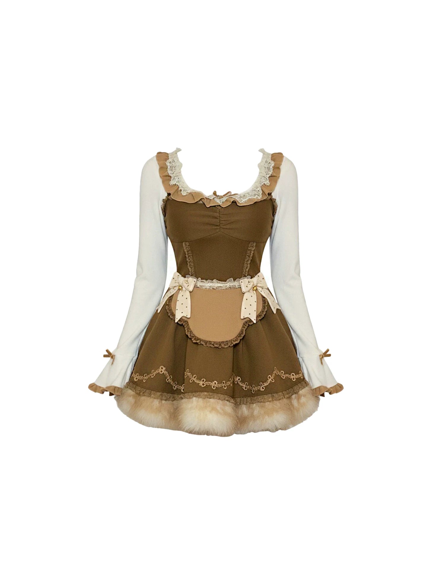 Splendid Long-Sleeve Inner Lace Trim 2-Piece Mini Skirt Brown & White Lolita-Style Apron Detail Faux Fur Hem A-Line Short Dress AP5673