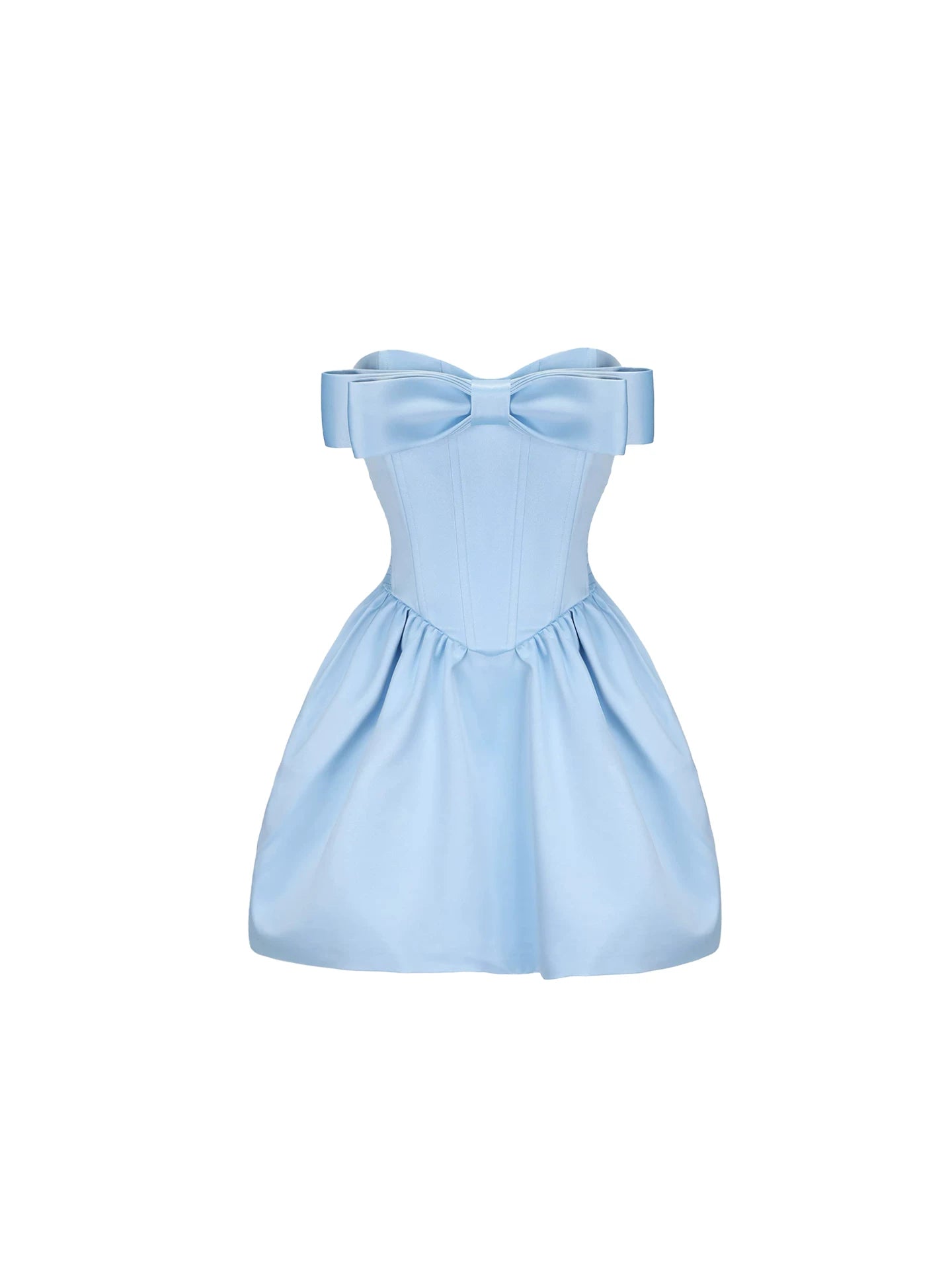 Enticing Oversized Bow Accent Fluffy A-Line Mini Skirt Simple Light Blue Strapless Satin Corset Short Dress AP5674
