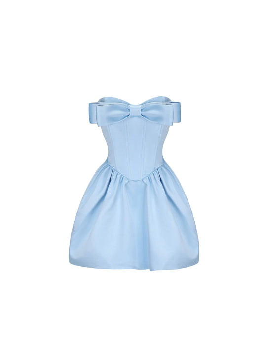 Enticing Oversized Bow Accent Fluffy A-Line Mini Skirt Simple Light Blue Strapless Satin Corset Short Dress AP5674