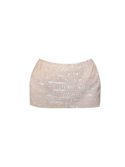 Shiny Sequin Texture Top Bodycon 3-Piece Mini Skirt Alluring Beige Faux Fur Trim Choker Strapless Short Dress AP5675