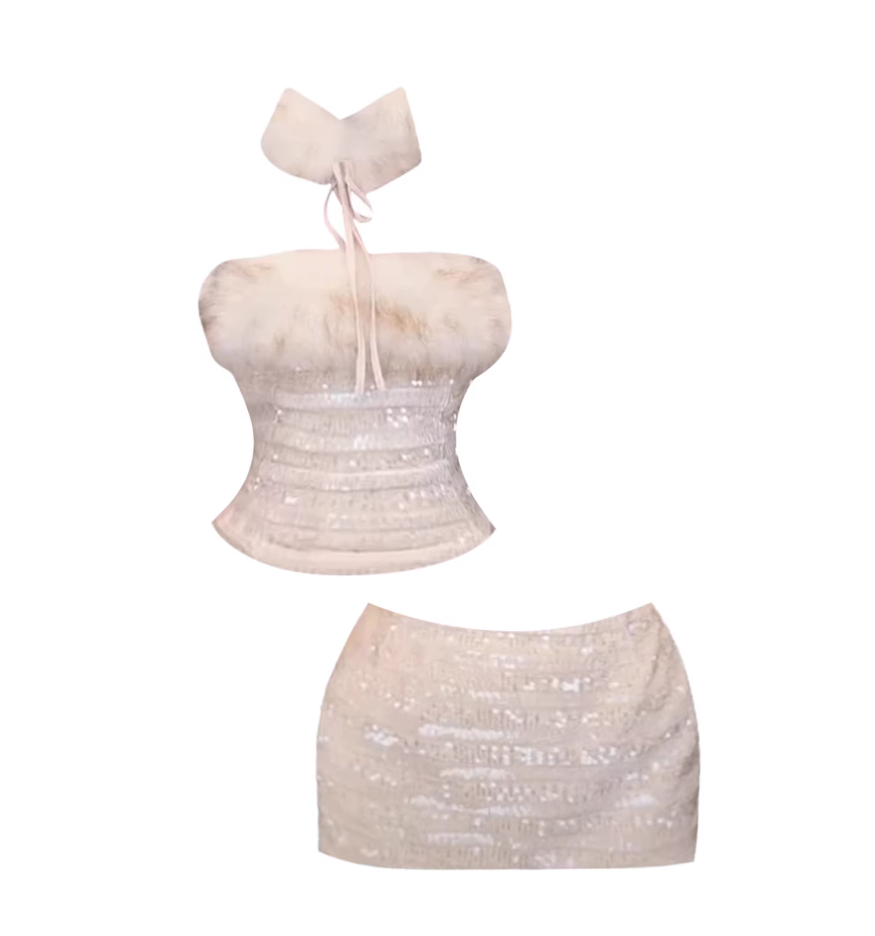 Shiny Sequin Texture Top Bodycon 3-Piece Mini Skirt Alluring Beige Faux Fur Trim Choker Strapless Short Dress AP5675
