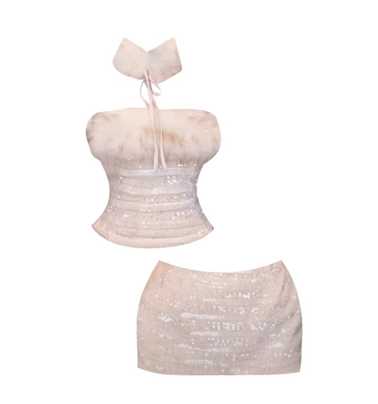 Shiny Sequin Texture Top Bodycon 3-Piece Mini Skirt Alluring Beige Faux Fur Trim Choker Strapless Short Dress AP5675