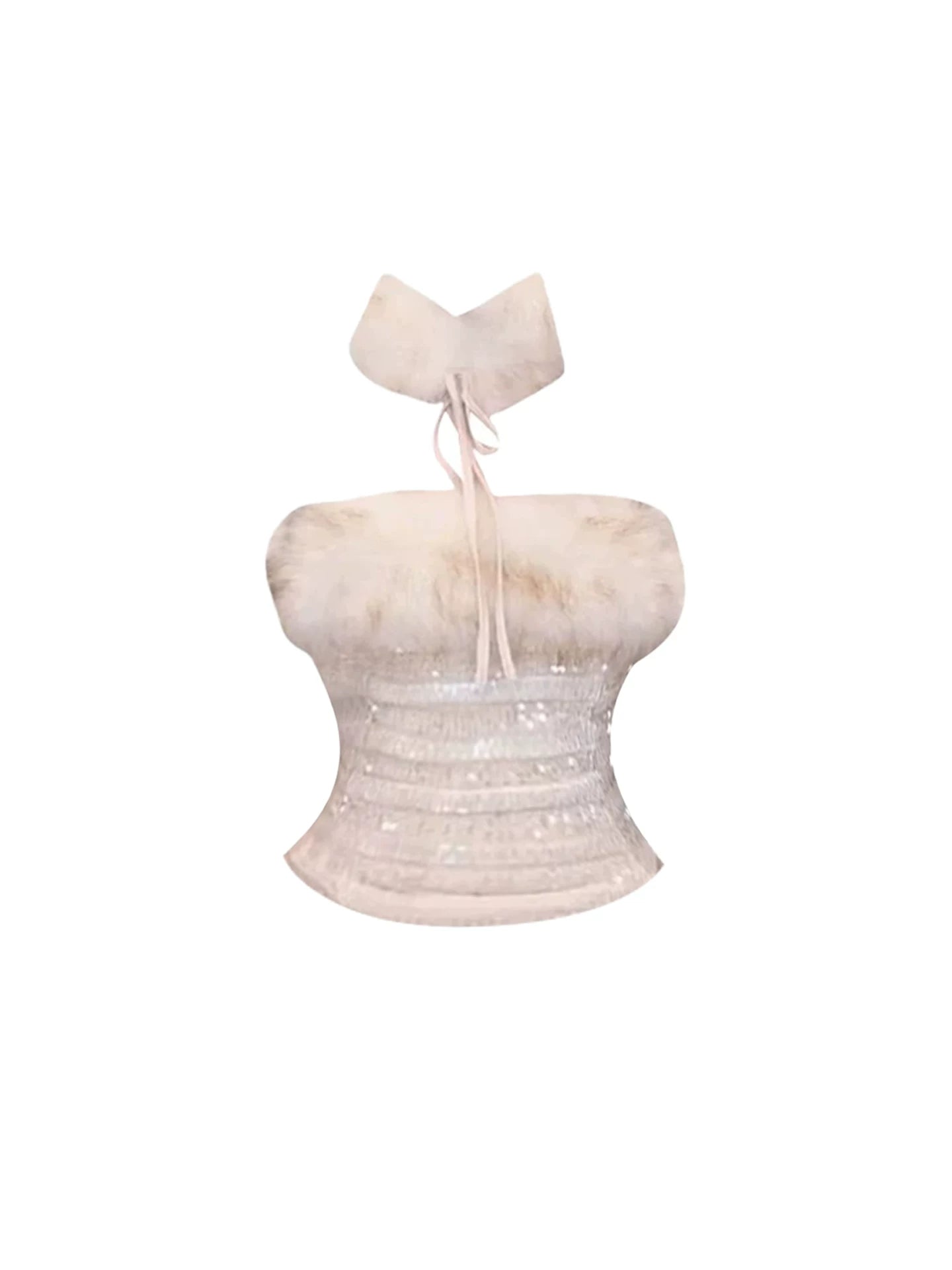 Shiny Sequin Texture Top Bodycon 3-Piece Mini Skirt Alluring Beige Faux Fur Trim Choker Strapless Short Dress AP5675