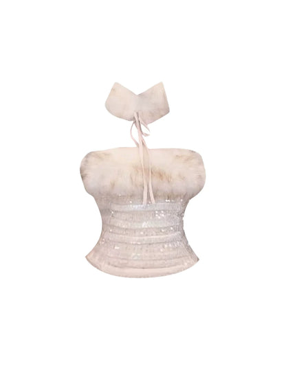 Shiny Sequin Texture Top Bodycon 3-Piece Mini Skirt Alluring Beige Faux Fur Trim Choker Strapless Short Dress AP5675