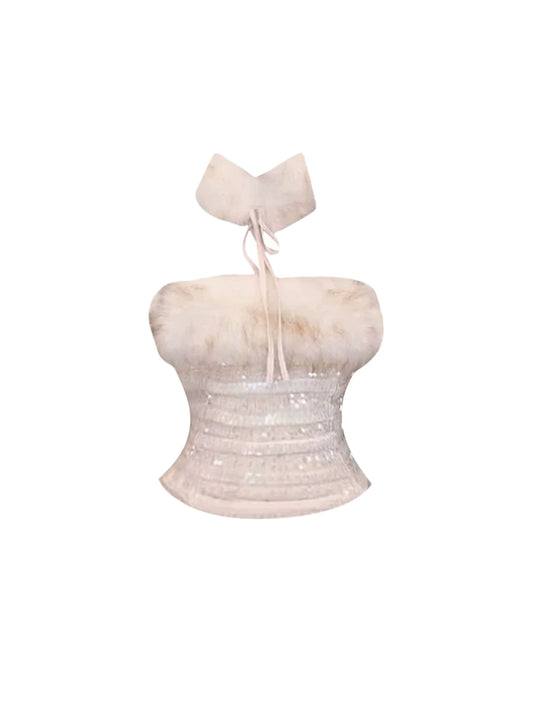 Shiny Sequin Texture Top Bodycon 3-Piece Mini Skirt Alluring Beige Faux Fur Trim Choker Strapless Short Dress AP5675
